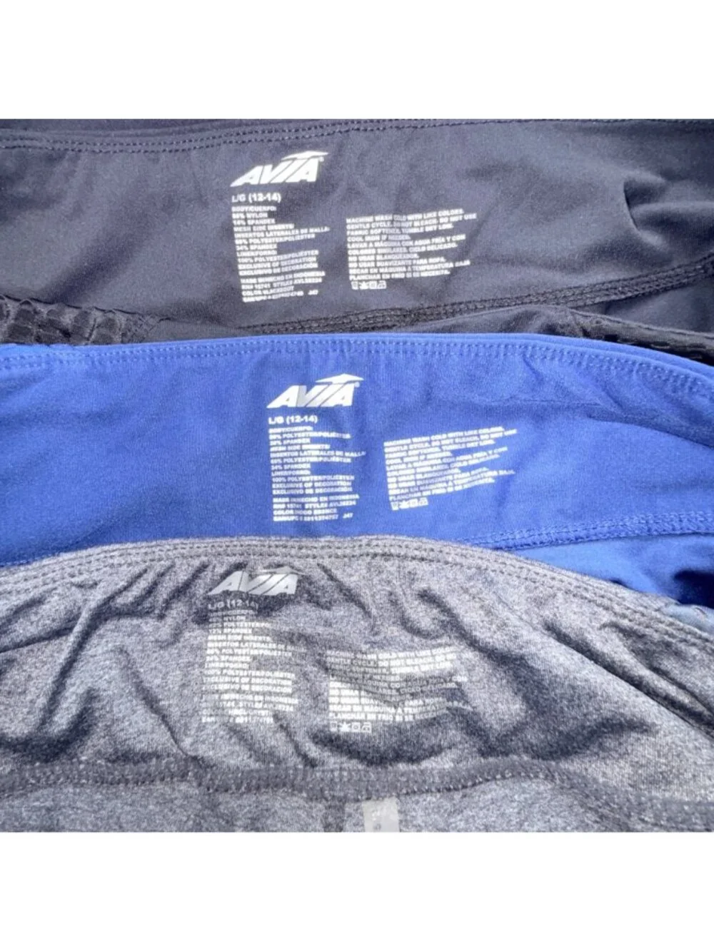 Avia Athletic Shorts Womens L Stretch Activewear Black Blue & Gray 3-Pack